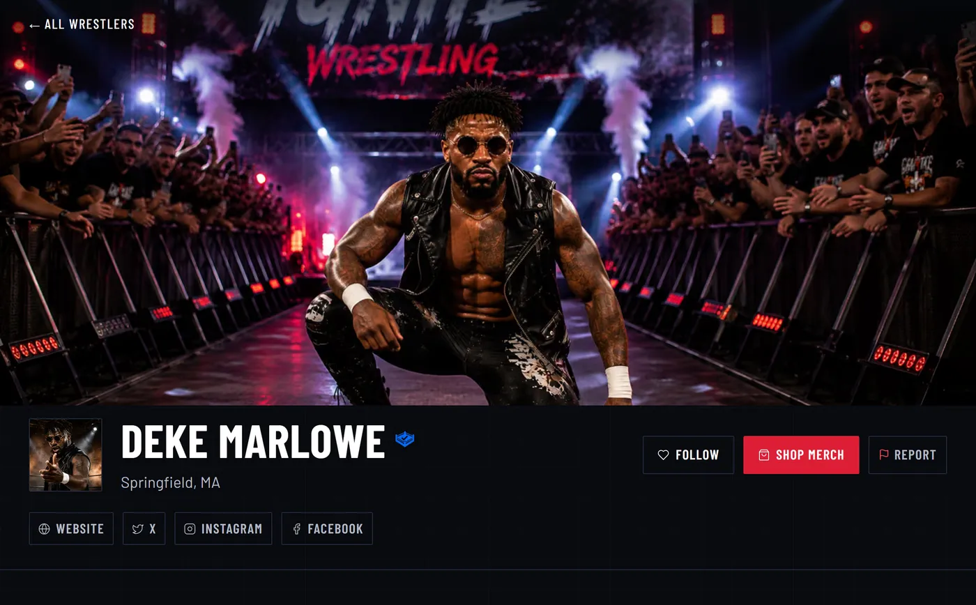 Deke Marlowe's WrestleLink profile — a ring entrance at Ignite Wrestling, with Follow and Shop Merch